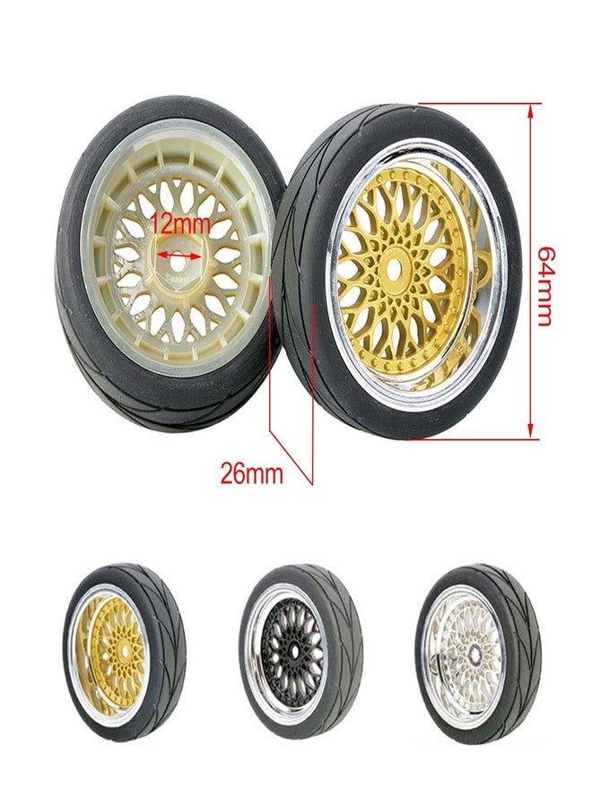 LAFEINA 4PCS/Set 64mm Rubber Tires & Plating Plastic Wheels Rims Replacement Part for 1/10 RC On-Road Touring Car Racing Car (Gold, Offset 6mm) - Image 3